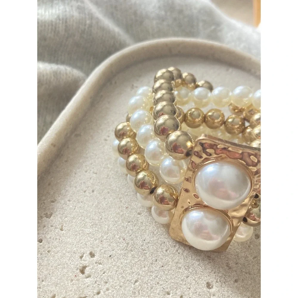 Gold Tone Faux Pearl Stretch Bracelet‎ Set Stacked Beaded Hammered Bold Glam